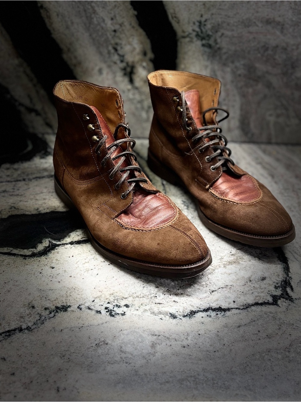 Santoni Italy Brown Suede Leather Two Tone Lace Up Boots Men’s UK 9.5 US 10.5